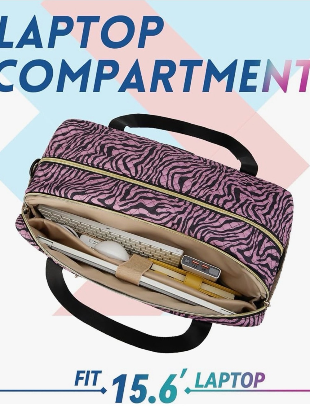 Pink Zebra-Print Travel Duffel Bag with Black Straps - Picture 4 of 7